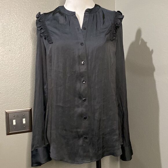 Express Black Satin Button Down Blouse Feminine Ruffle Sleeve Details - Picture 1 of 12